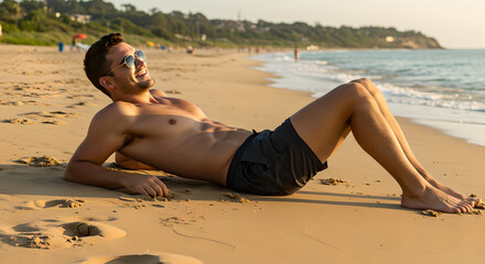 Happy man enjoying golden hour on a peaceful beach during vacation