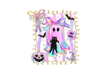 Iridescent Kawaii Pastel Ghost and Cat Halloween Frame Sublimation Design