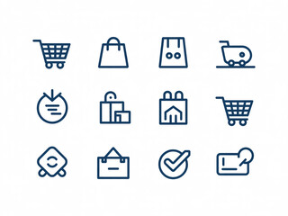 Set of minimalist shopping icons representing online retail, purchase, and ecommerce activities, designed for web and digital interfaces isolated on white background