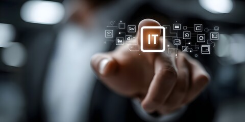 IT Consulting. Businessman holds digital consulting network connecting icon representing IT solutions, focusing on innovation, strategy, optimization, growth, and technology-driven success	