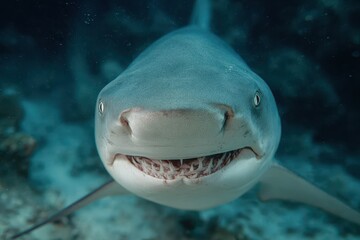 Naklejka premium Shark tries awkward smile underwater while exploring coral reefs in a tropical setting, showcasing unique marine life and vibrant ocean colors