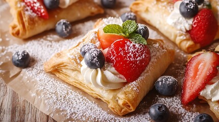 Delicious puff pastry with fresh berries and cream