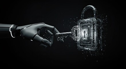 Robotic Hand Inserting Key Into Digital Padlock, Black Background