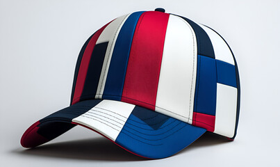 A stylish baseball cap with a bold red, white, and blue geometric color block pattern on a light background.