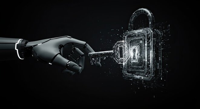 Robotic Hand Inserting Key Into Digital Padlock, Black Background