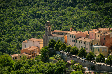 Aerial view of the historic center of the town of Marciana, Livorno, Elba Island, Tuscany, Italy