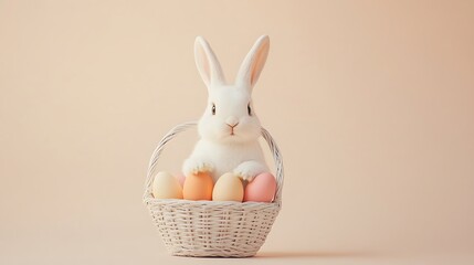 Fluffy easter bunny peeking from a wicker basket with colorful eggs