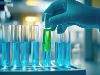 A scientist in a laboratory is carefully pouring a green liquid into a test tube filled with blue liquid, showcasing a vibrant chemical reaction. The atmosphere is focused and scientific.