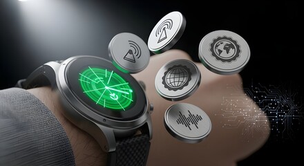 Close-up of a smartwatch with a radar-like display and floating icons, representing technology and connectivity.