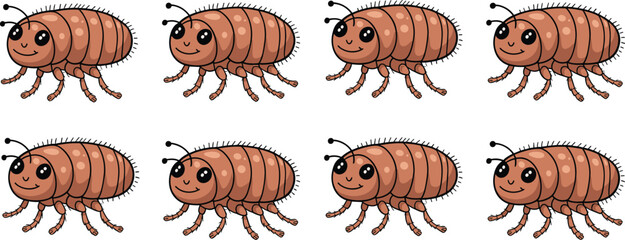 Cute cartoon bugs with smiling faces, vector illustration on white background, repeating insect pattern, adorable pest character, playful kids design