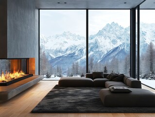 Cozy modern living area with mountain views and winter scenery