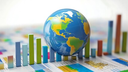 Global economic growth and financial markets illustrated by earth and bar charts