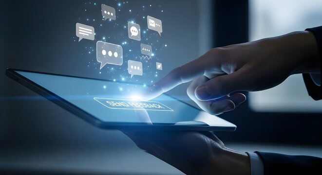 Person interacting with a tablet, digital messaging and communication concept.