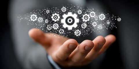 IT Consulting. Businessman holds digital consulting network connecting icon representing IT solutions, focusing on innovation, strategy, optimization, growth, and technology-driven success	