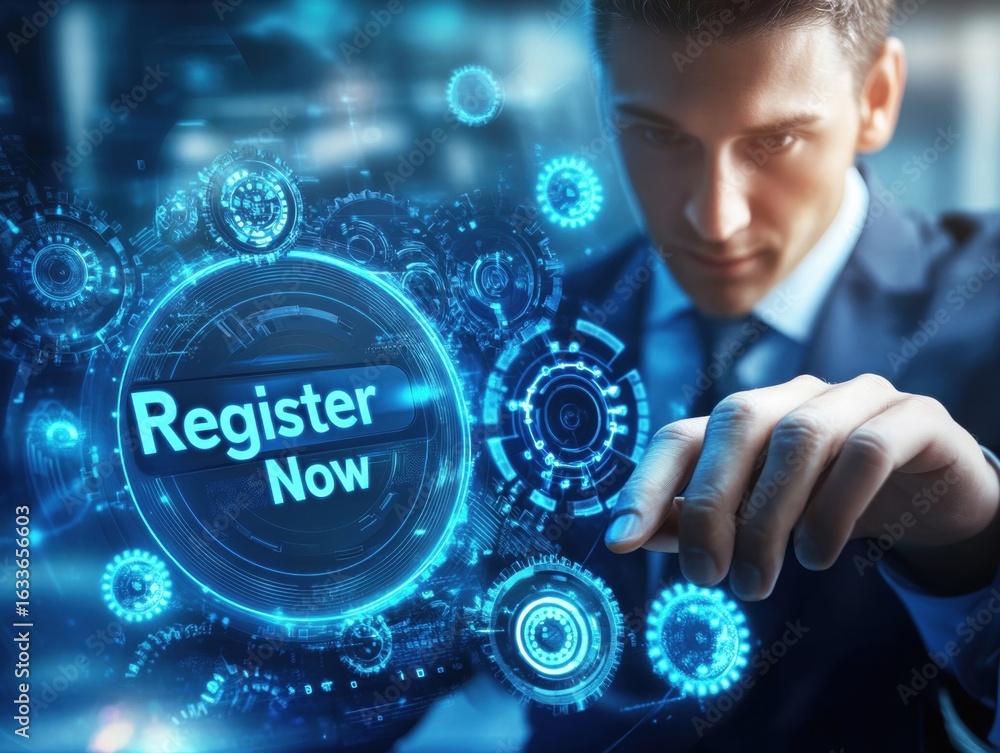 Poster a business professional is focused on a virtual interface displaying a register now prompt, highligh