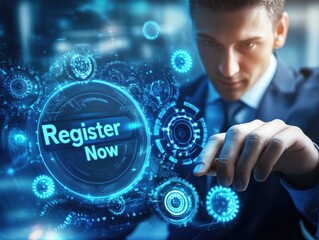 A business professional is focused on a virtual interface displaying a Register Now prompt, highlighting the importance of digital engagement and user interaction.