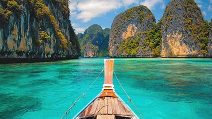Exploring turquoise waters in a traditional wooden boat surrounded by stunning limestone cliffs on a sunny day