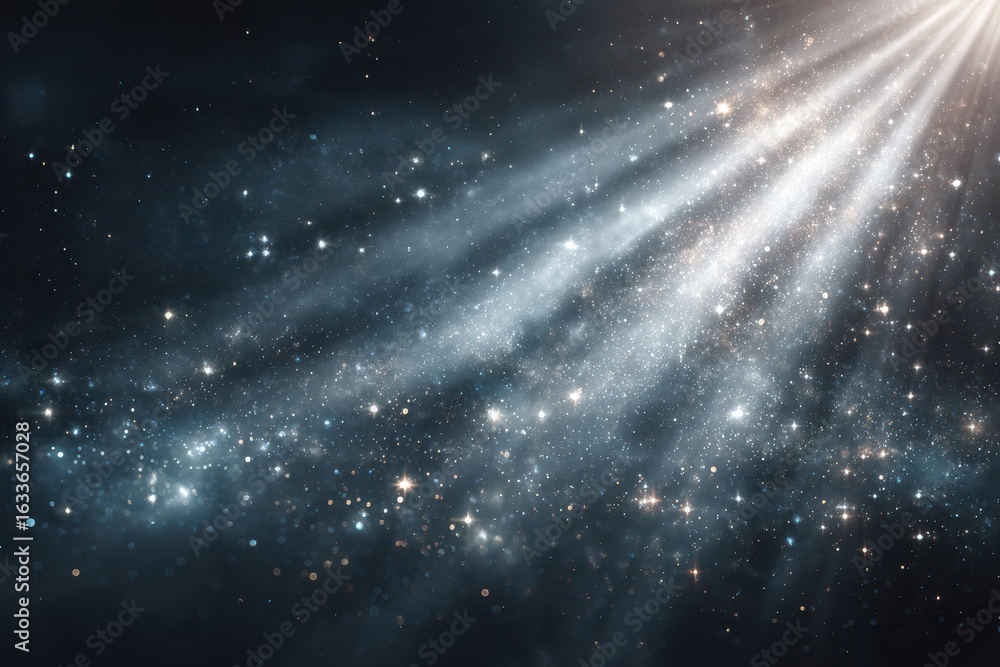 Poster glowing starlight beams illuminating the dark cosmos with a mesmerizing white flash creating a breat