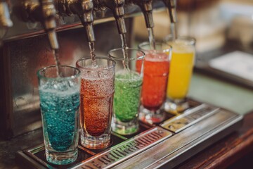 Colorful drinks being dispensed from a vintage soda fountain in a lively cafe setting during the afternoon hours