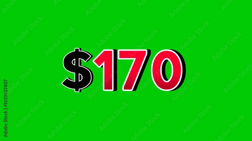 Poster animation number $170 dollar sign motion graphics with smoke effect green screen background vibrant 