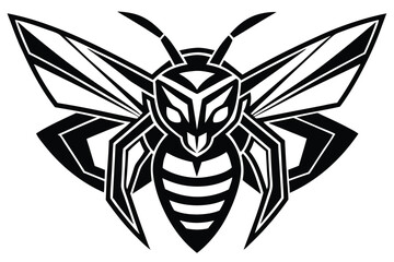 A stylized geometric bee with bold lines showcases a black and white symmetry