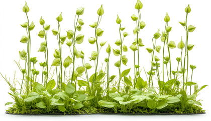 A row of delicate green plants with unopened buds on tall stems growing against a white background.