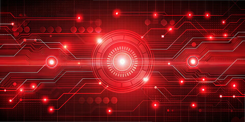 Intricate digital circuit patterns with glowing red elements create a sense of depth and modern technology. The design features dynamic lines and circles symbolizing connectivity and innovation