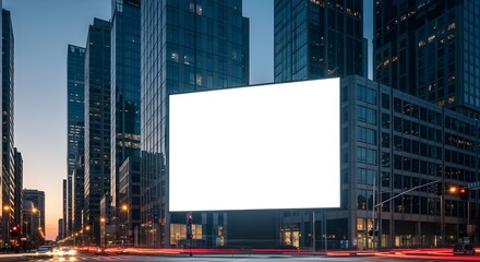Large blank outdoor billboard on a modern city street at dusk with tall buildings.
