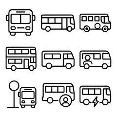 Diverse Collection of Stylized Bus Icons Depicting Various Transportation Concepts.