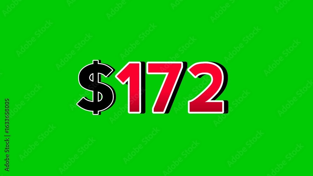 Poster animation number $172 dollar sign motion graphics with smoke effect green screen background vibrant 