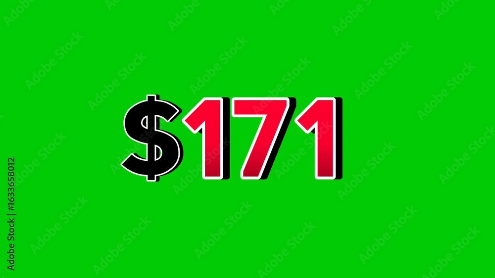 Poster animation number $171 dollar sign motion graphics with smoke effect green screen background vibrant 