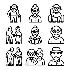 Diverse Line Art Icons Depicting Senior Citizens in Various Activities and States.