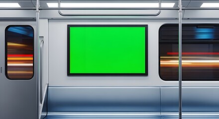 Obraz premium Interior view of a modern train carriage with a blank green screen display and motion blur from the windows.
