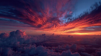 Fototapeta premium Fiery sunset hues paint the sky above a sea of clouds, viewed from a high vantage point