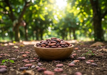 Bowl of cocoa beans in a plantation