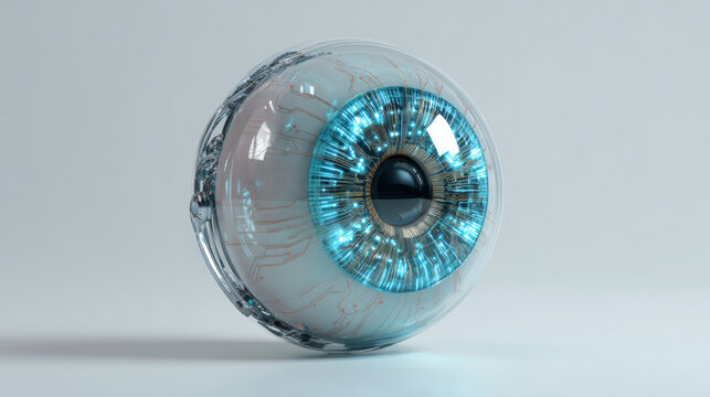 Robot/Cyborg Eye, A 3D minimalist stylized robotic eye. The iris is a glowing blue camera lens with circuit. The style is minimalist and futuristic, Isolated on a metallic silver-gray background.