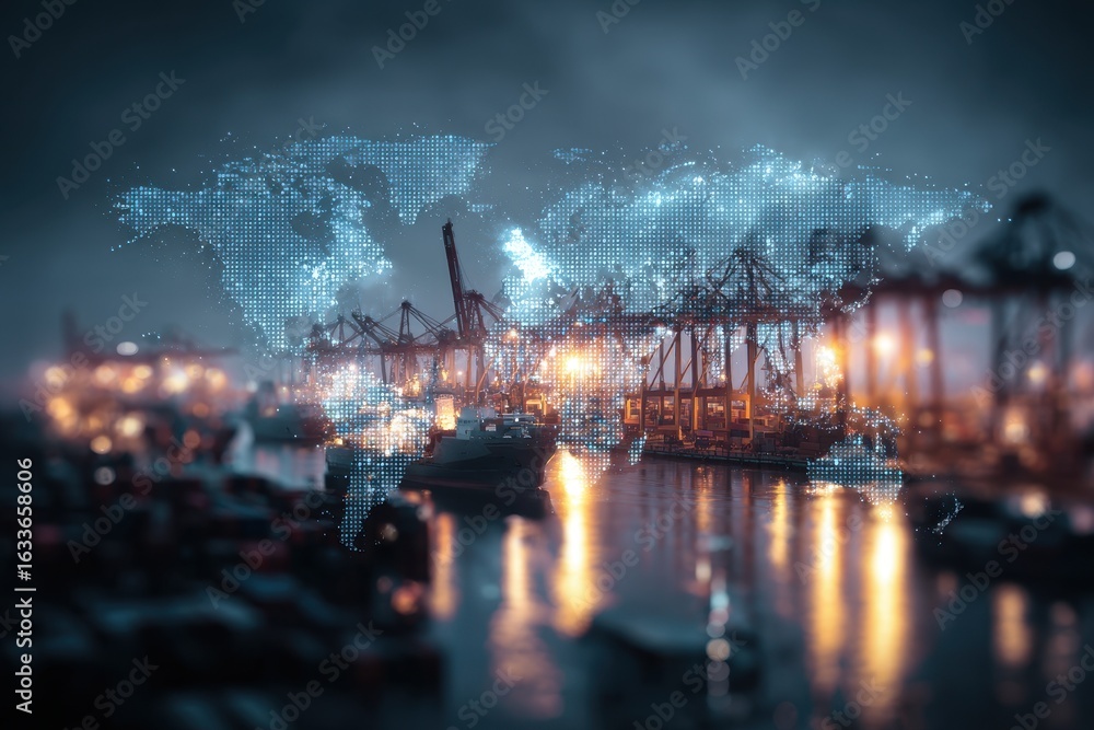 Poster global trade concept illuminated over a dynamic port scene showcasing shipping containers and cranes