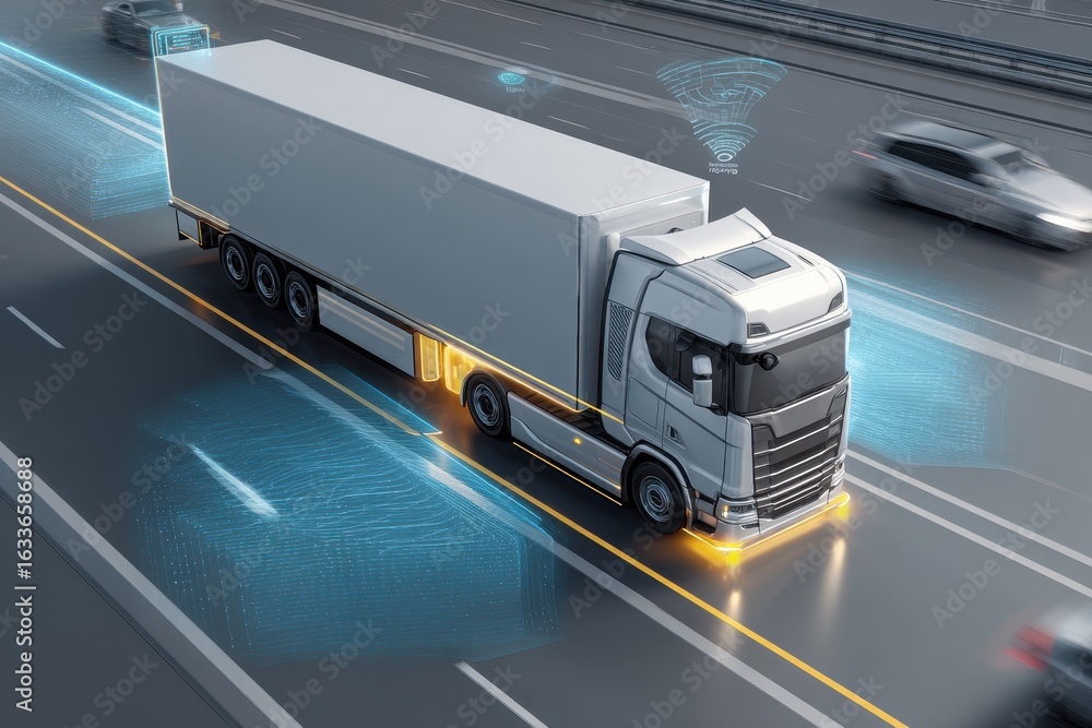 Aufkleber autonomous truck navigating smart highways with advanced technology in an urban setting during dayti