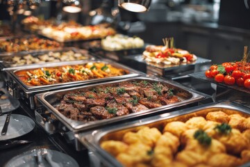 Fototapeta premium Lavish buffet spread featuring a variety of gourmet dishes in a luxury hotel catering setup during a formal dining event
