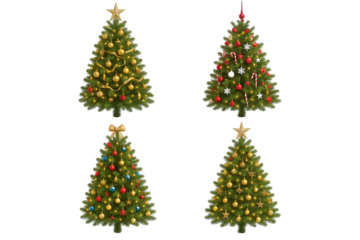 Four Festive Christmas Trees Adorned with Ornaments, Lights, and Toppers, Ready for Holiday Celebrations
