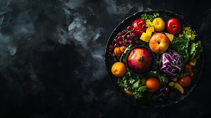 Vibrant fresh fruit and vegetable salad bowl overhead view