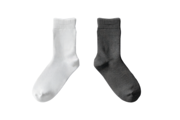 Two plain socks, one white, one gray, laid flat