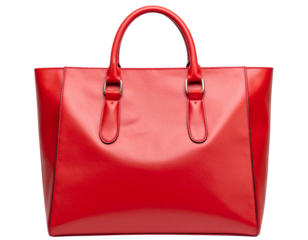 Stylish red shopping bag with handles and brown leather accessories, isolated on white background