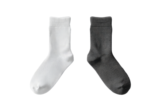 Two plain socks, one white, one gray, laid flat