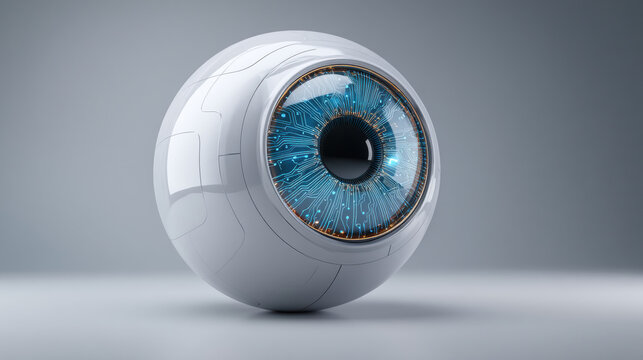Robot/Cyborg Eye, A 3D minimalist stylized robotic eye. The iris is a glowing blue camera lens with circuit. The style is minimalist and futuristic, Isolated on a metallic silver-gray background. - Powered by Adobe