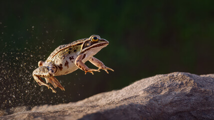 Obraz premium Frog Jumping from a Rock Natural Light Clean Background Wildlife Photography