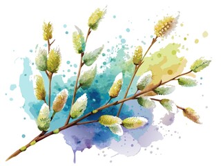 Alder branches laden with delicate, freshly painted watercolor catkins, swaying gently in a soft breeze.