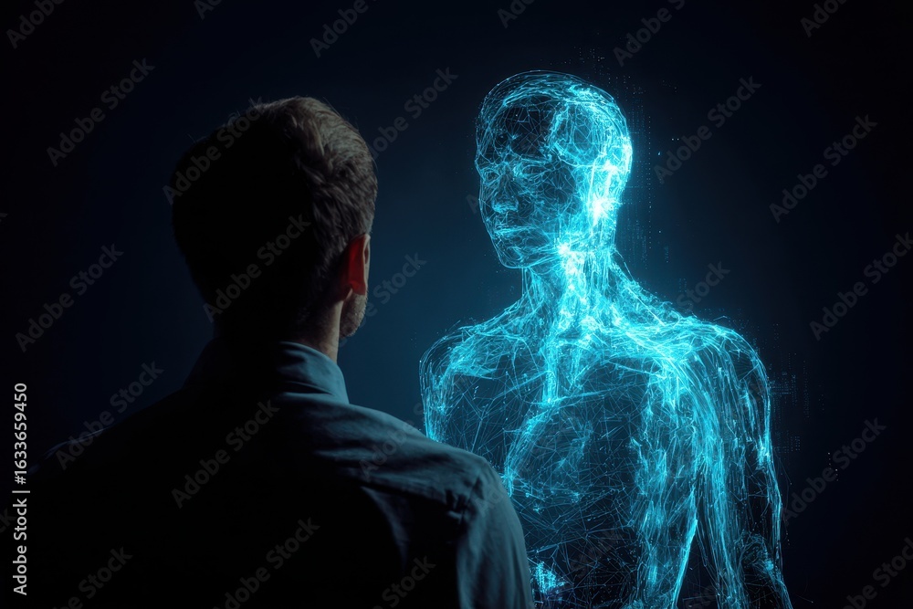 Poster man interacts with holographic digital twin in a dark room showcasing advanced technology and virtua