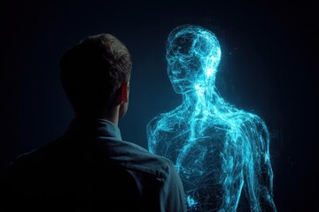 Man interacts with holographic digital twin in a dark room showcasing advanced technology and virtual representation