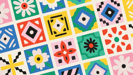 Colorful square tiles with floral and geometric patterns arranged in a grid like mosaic design